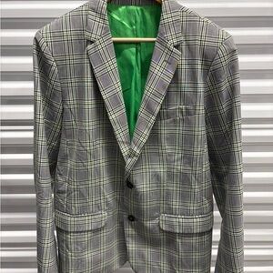Classic Gray Plaid Men's Blazer with Green Lining